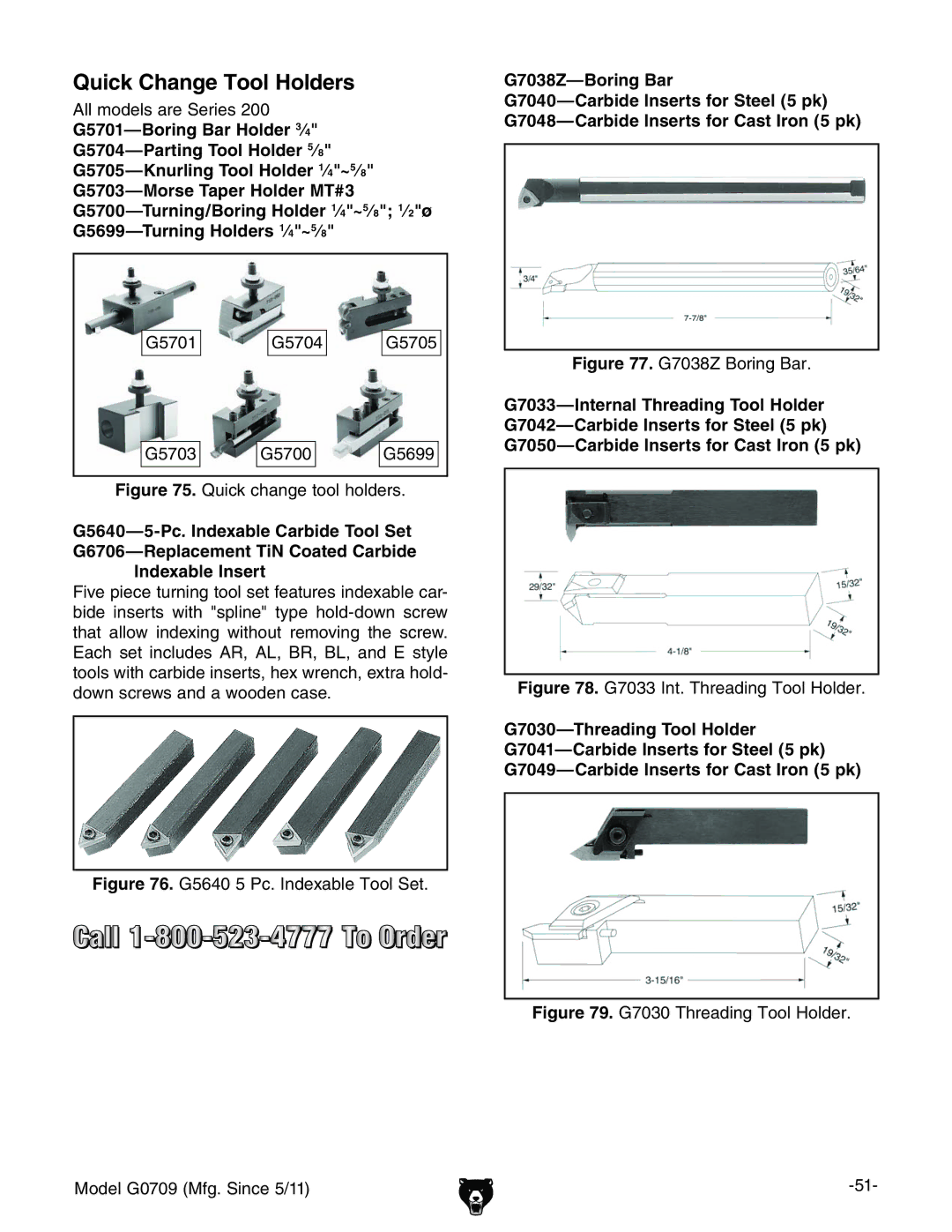 Grizzly G0709 owner manual Quick Change Tool Holders, FjX`XVc\ZiddadaYZgh# 