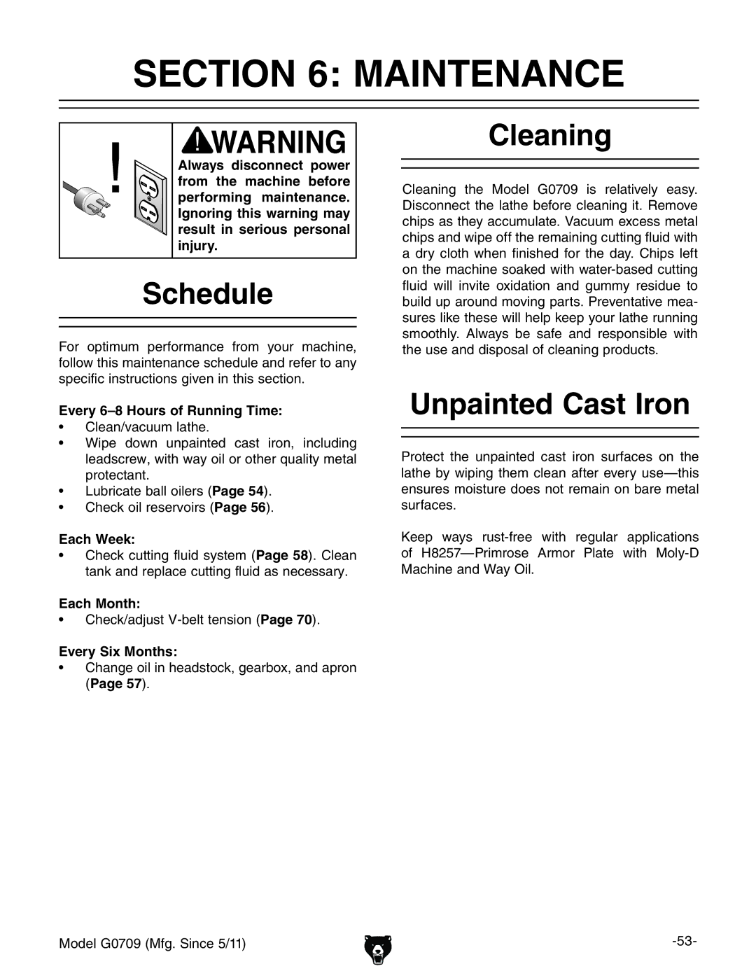 Grizzly G0709 owner manual Maintenance, Schedule, Cleaning, Unpainted Cast Iron 