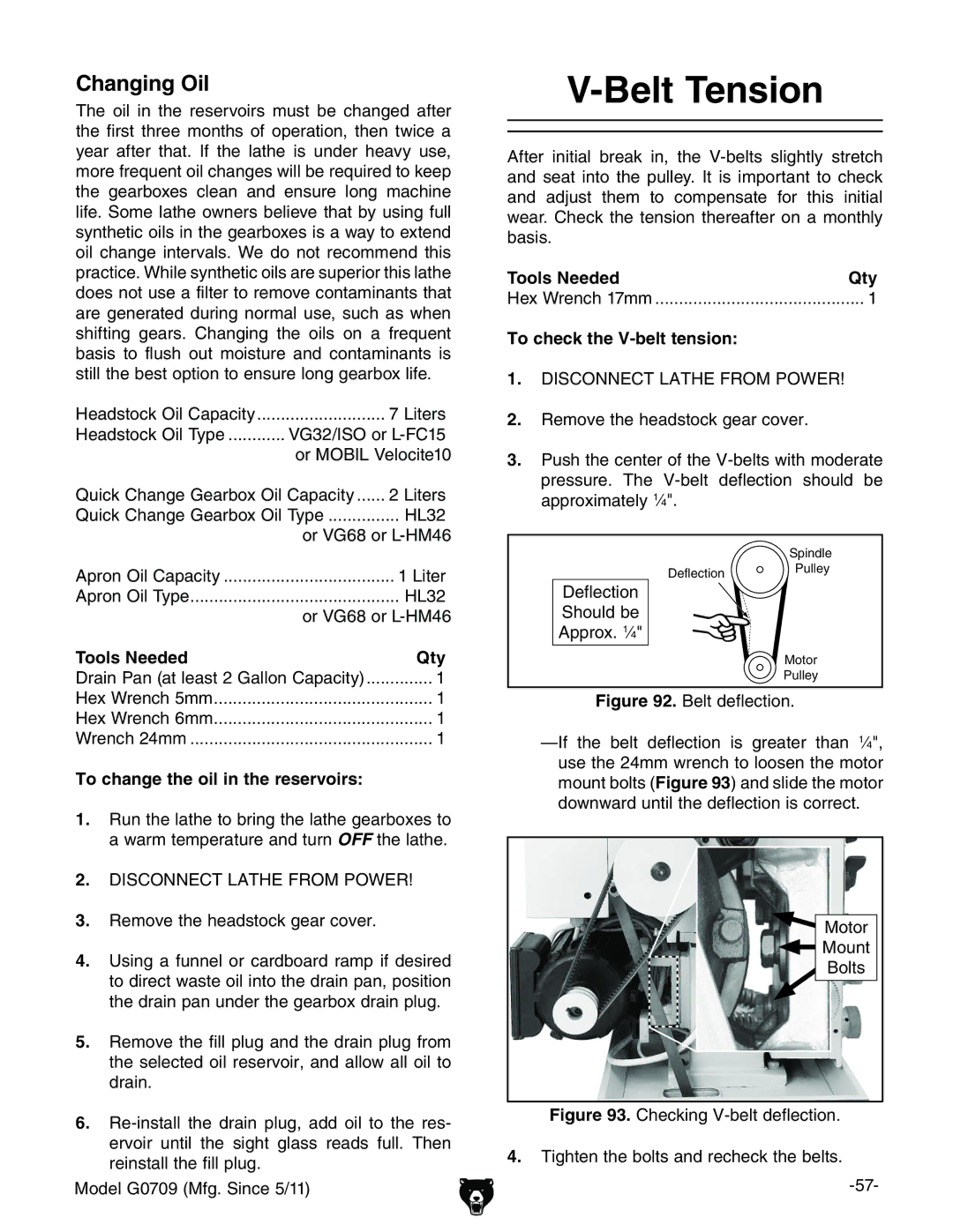 Grizzly G0709 owner manual Belt Tension, Changing Oil, Tools Needed Qty, To change the oil in the reservoirs 