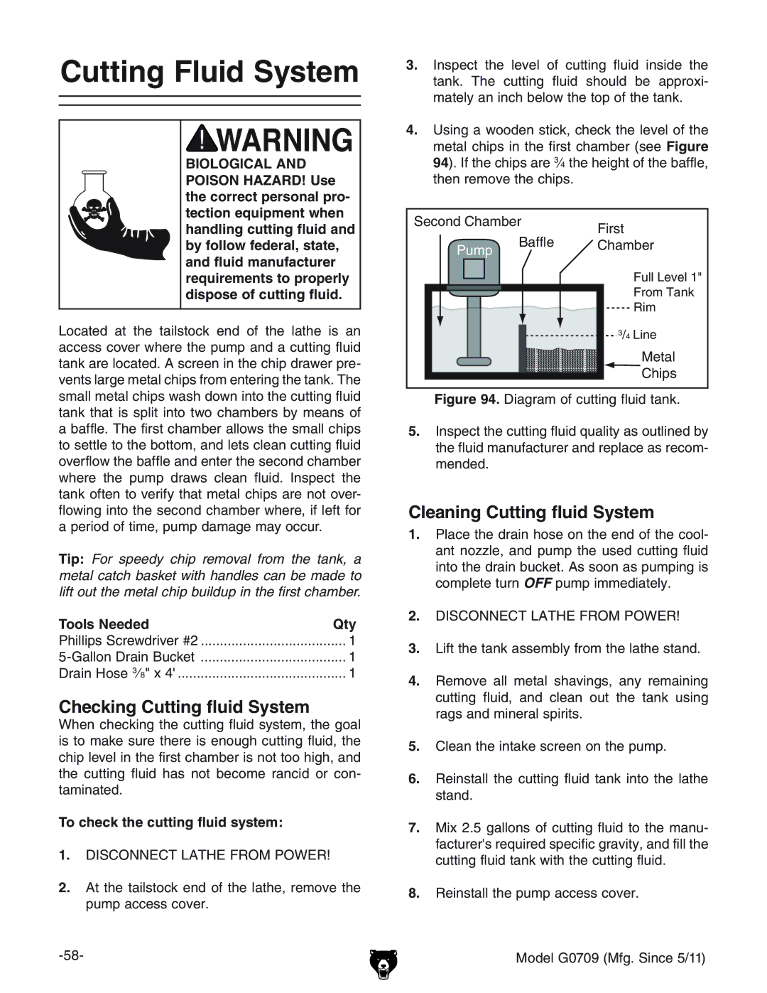 Grizzly G0709 owner manual Checking Cutting fluid System, Cleaning Cutting fluid System, Tools NeededQty 