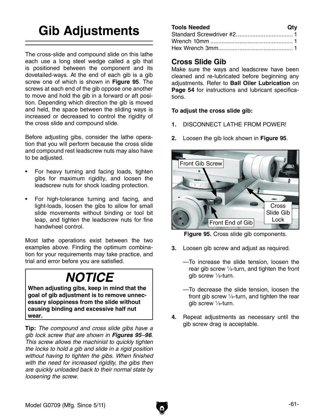 Grizzly G0709 owner manual Gib Adjustments, Cross Slide Gib, To adjust the cross slide gib 