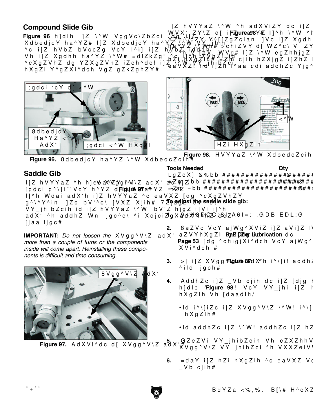 Grizzly G0709 owner manual Compound Slide Gib, Saddle Gib, To adjust the saddle slide gib 