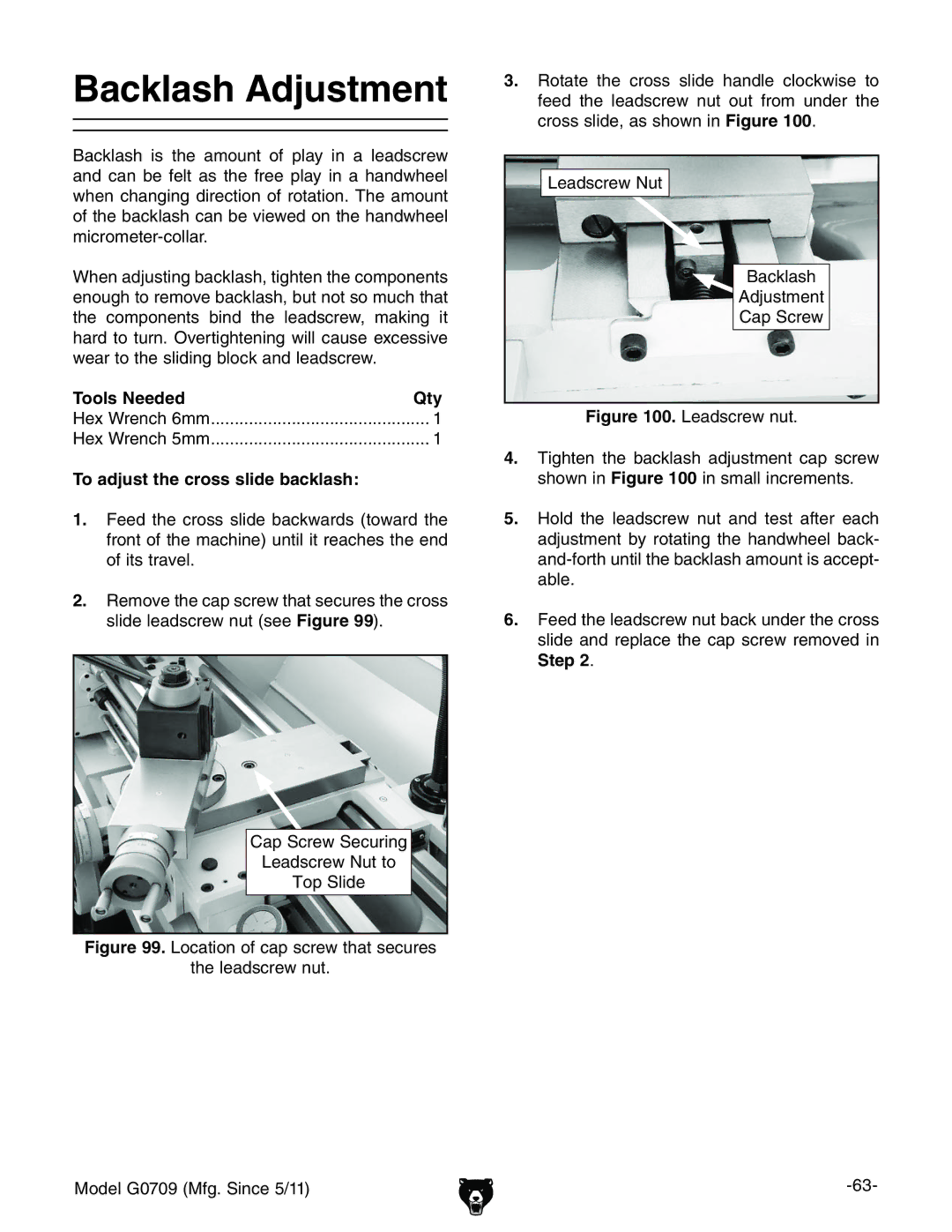 Grizzly G0709 owner manual Backlash Adjustment, To adjust the cross slide backlash 