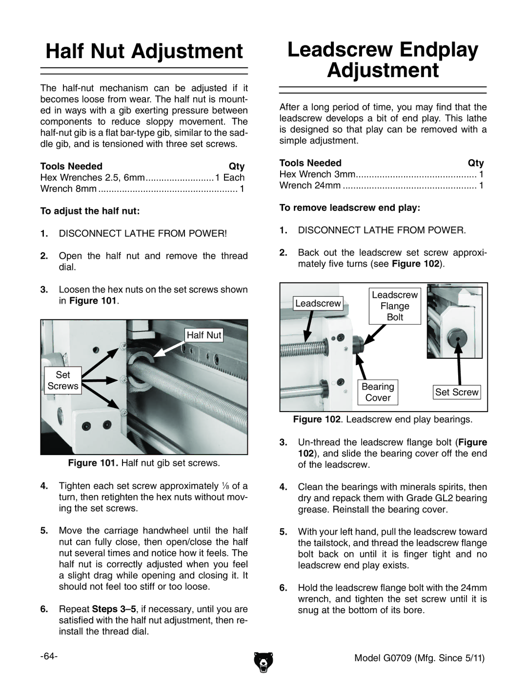 Grizzly G0709 owner manual Half Nut Adjustment, Leadscrew Endplay Adjustment 