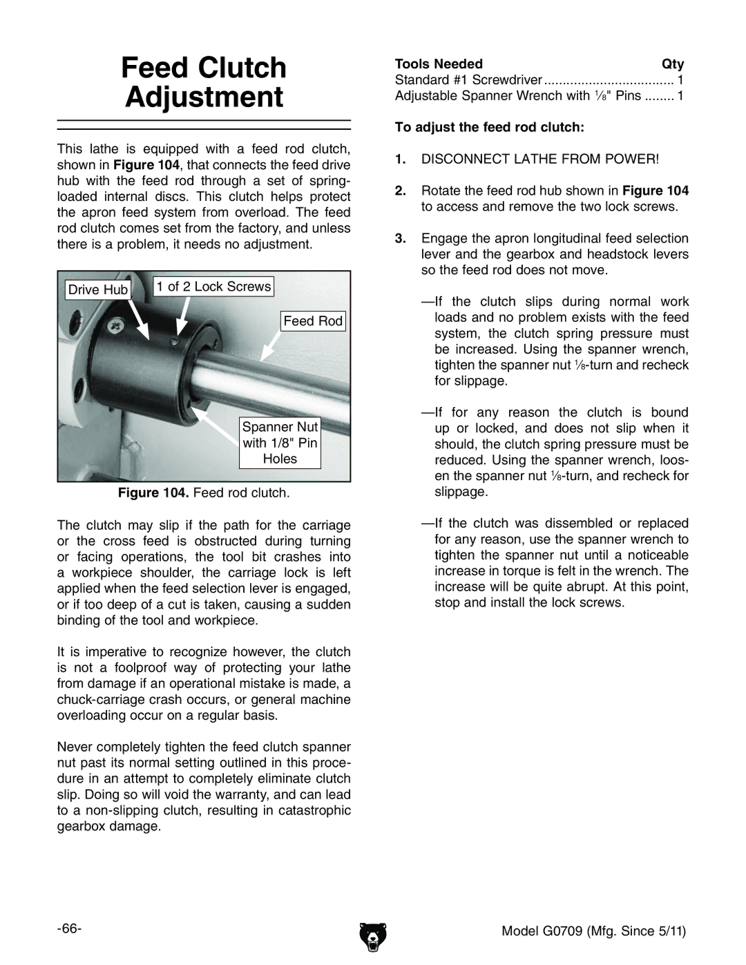 Grizzly G0709 owner manual Feed Clutch Adjustment, To adjust the feed rod clutch 