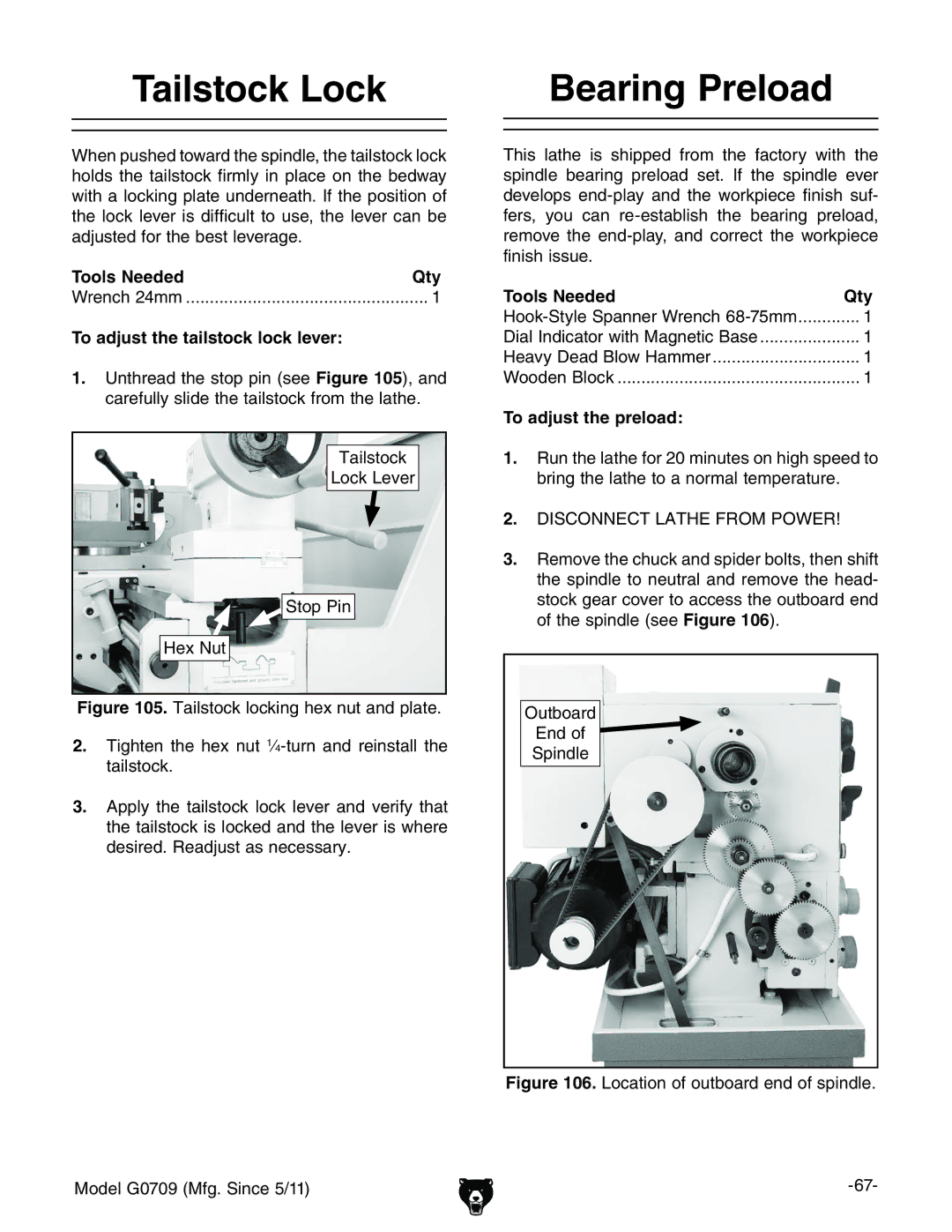 Grizzly G0709 owner manual Tailstock Lock Bearing Preload, To adjust the tailstock lock lever, To adjust the preload 