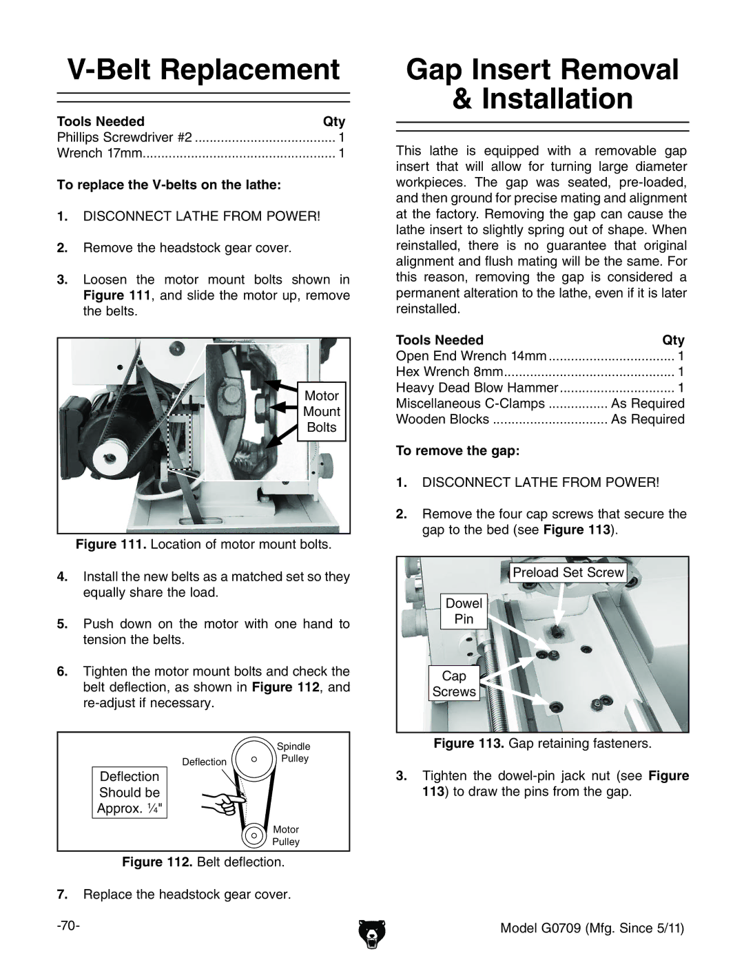 Grizzly G0709 Belt Replacement, Gap Insert Removal Installation, To replace the V-belts on the lathe, To remove the gap 