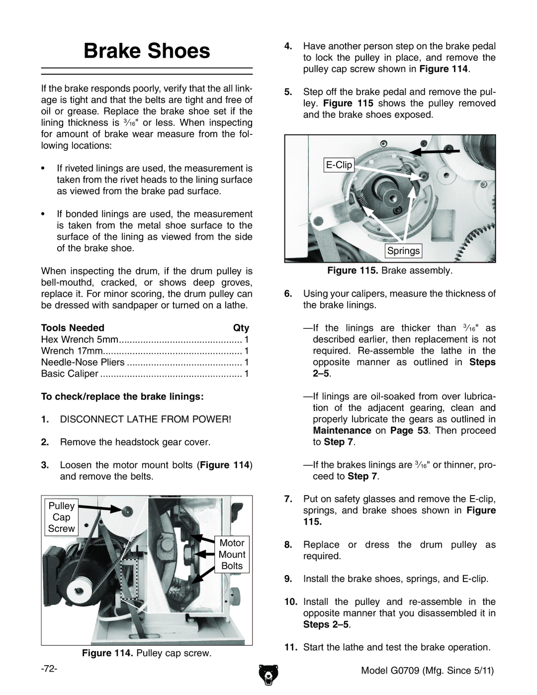 Grizzly G0709 owner manual Brake Shoes, To check/replace the brake linings, 115 