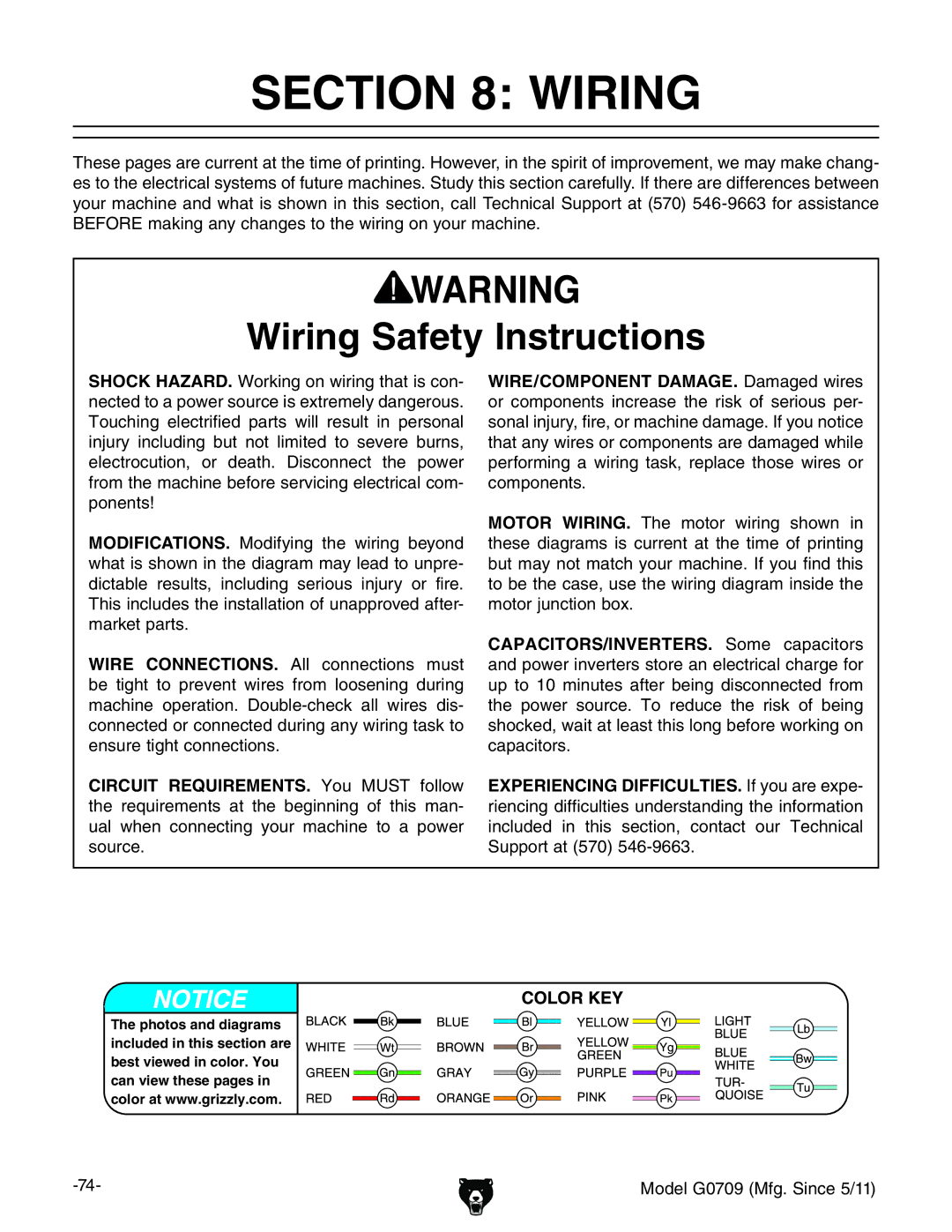 Grizzly G0709 owner manual Wiring Safety Instructions, WIRE/COMPONENT DAMAGE.  9VbV\ZY  lgZh  