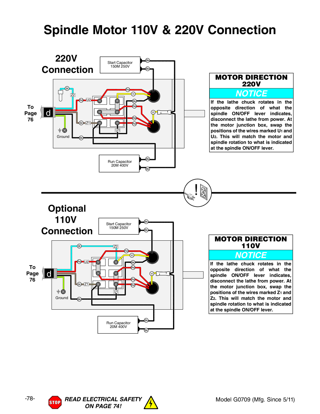 Grizzly G0709 owner manual Spindle Motor 110V & 220V Connection 