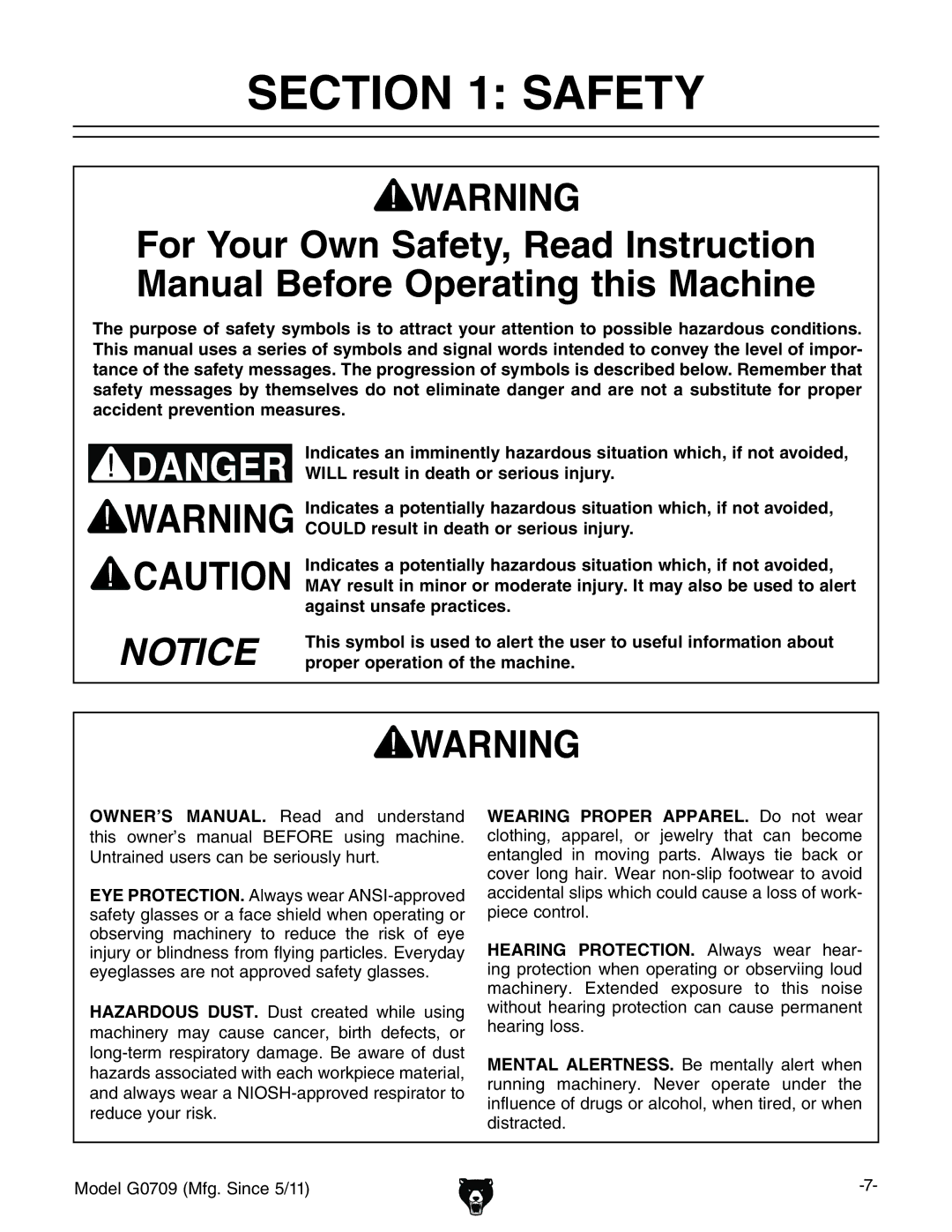 Grizzly G0709 owner manual Safety 