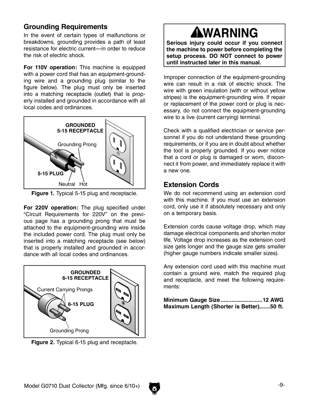 Grizzly G0710 owner manual Grounding Requirements, Extension Cords, Minimum Gauge Size 12 AWG, 50 ft 