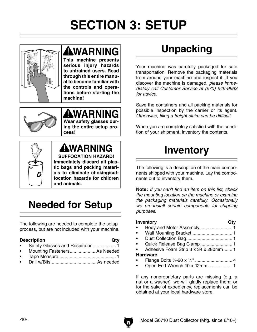 Grizzly G0710 owner manual Needed for Setup, Unpacking, Inventory 