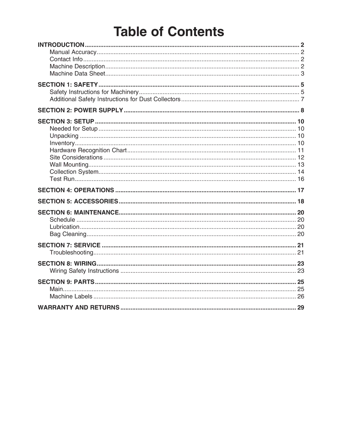 Grizzly G0710 owner manual Table of Contents 