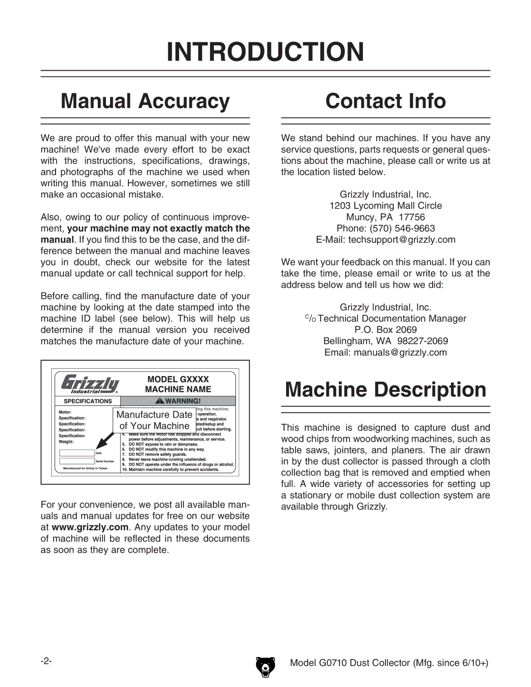 Grizzly G0710 owner manual Introduction, Manual Accuracy, Contact Info, Machine Description 