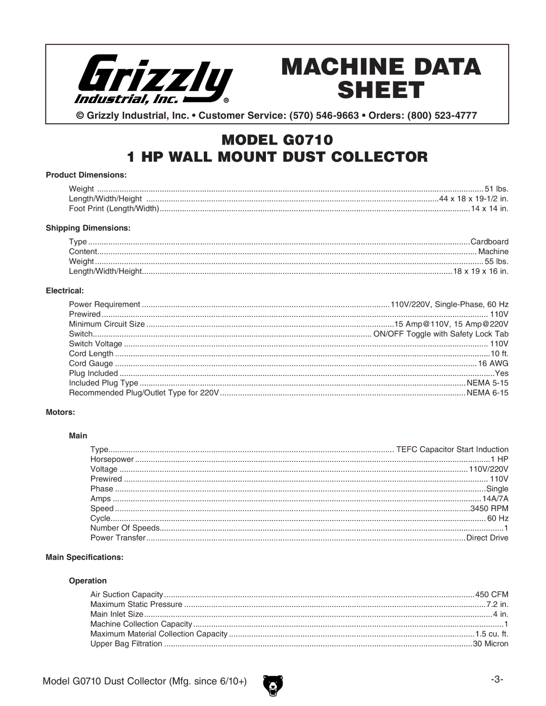 Grizzly G0710 owner manual MACHINe dATA SHeeT 