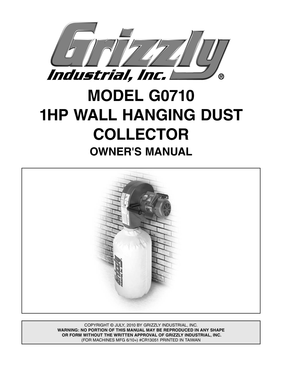 Grizzly owner manual OWNERS Manual, MODEL G0710 1HP WALL HANGING DUST COLLECTOR 