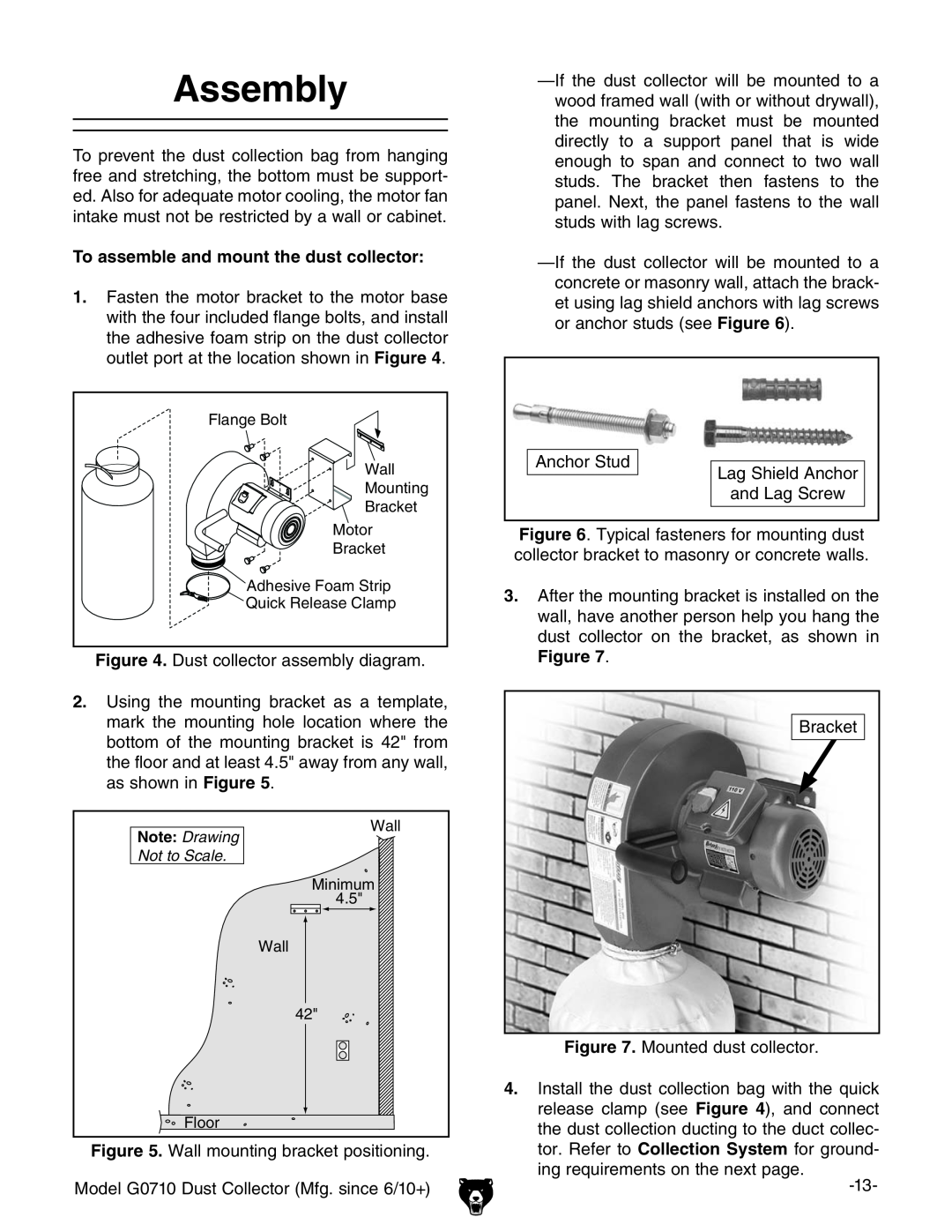 Grizzly G0710 owner manual Assembly, To assemble and mount the dust collector 