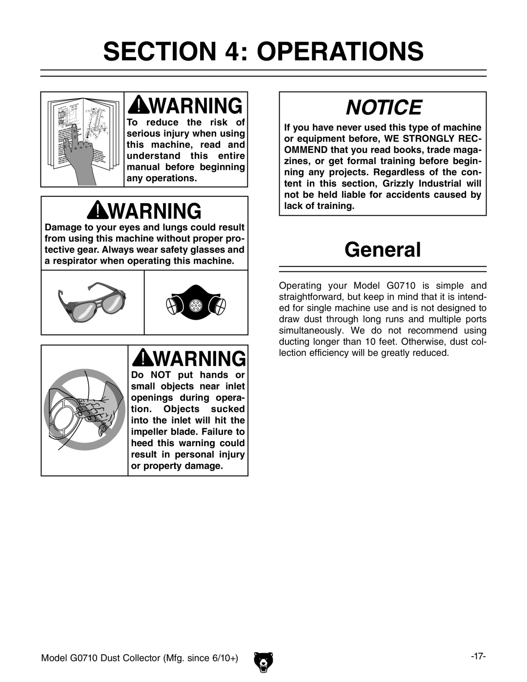 Grizzly G0710 owner manual Operations, General 