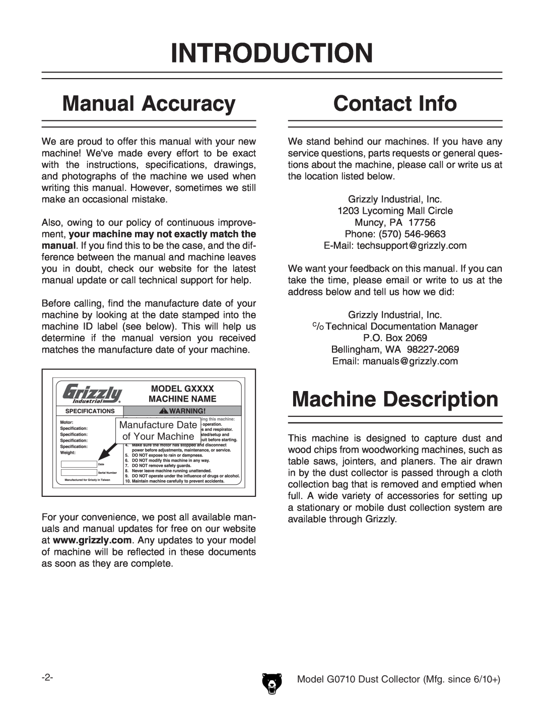 Grizzly G0710 owner manual Introduction, Manual Accuracy, Contact Info, Machine Description 