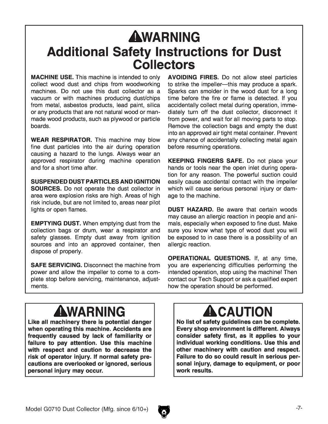 Grizzly G0710 owner manual Additional Safety Instructions for Dust Collectors 