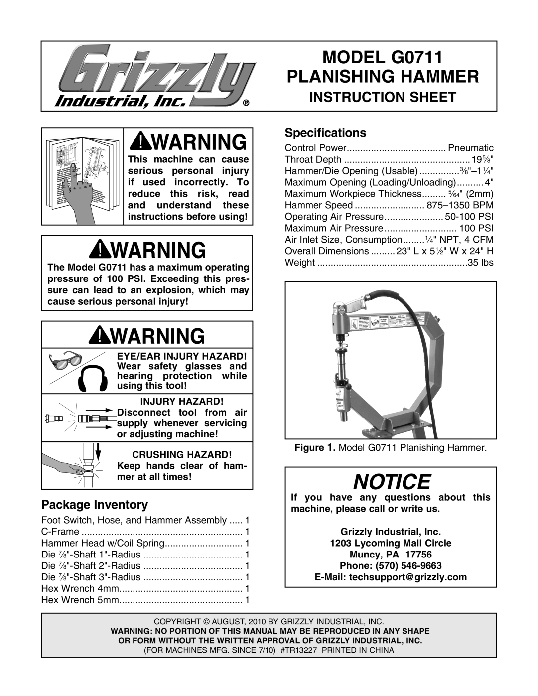 Grizzly G0711 instruction sheet Package Inventory, Specifications, Keep hands clear of ham, Mer at all times 