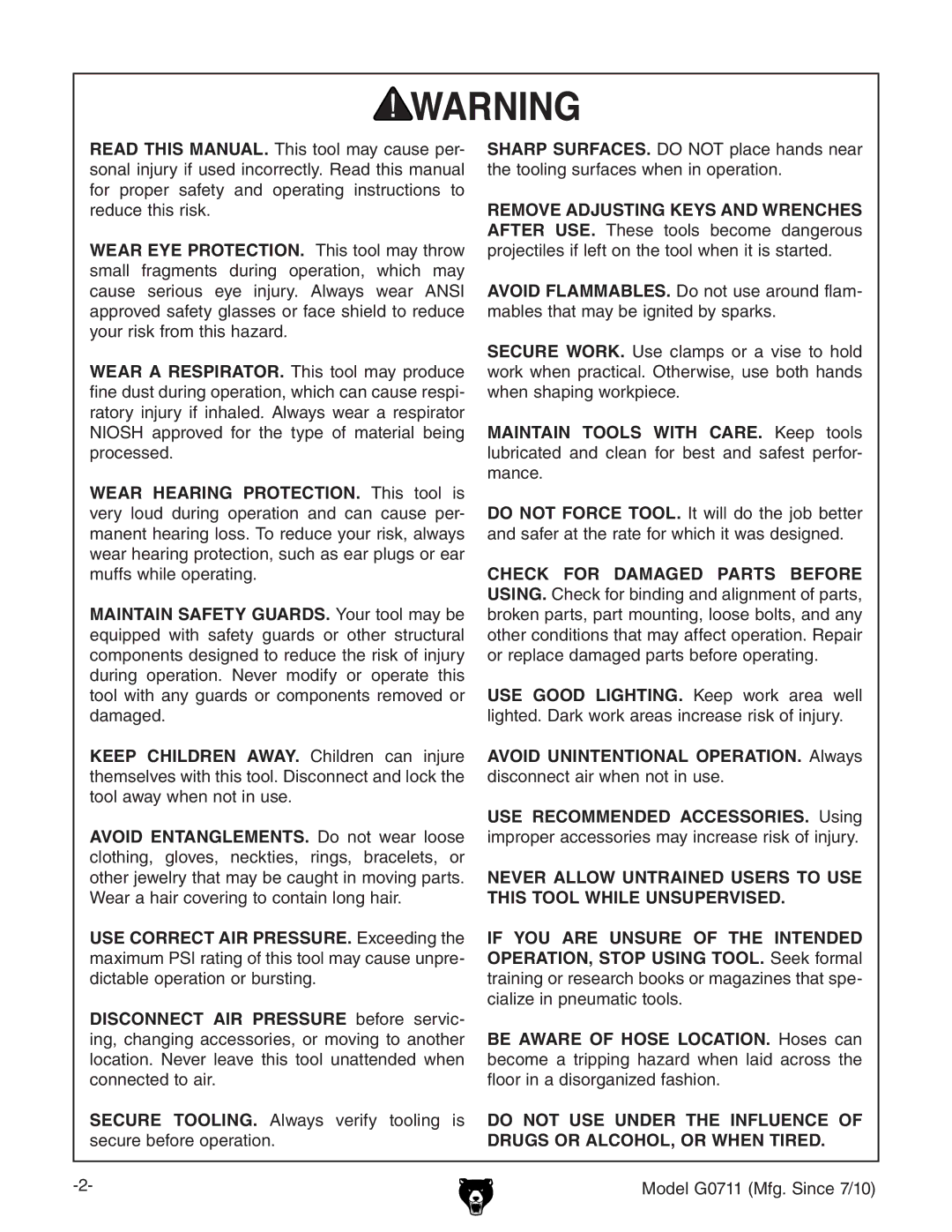 Grizzly instruction sheet Model G0711 Mfg. Since 7/10 