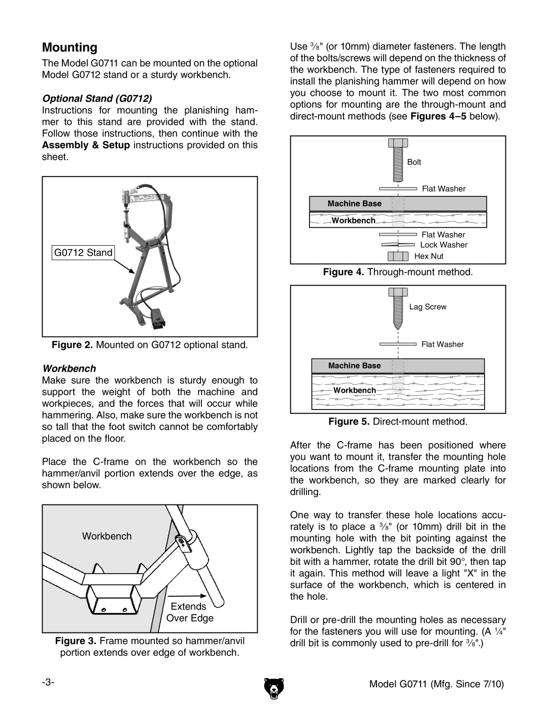 Grizzly G0711 instruction sheet Mounting, Optional Stand G0712 