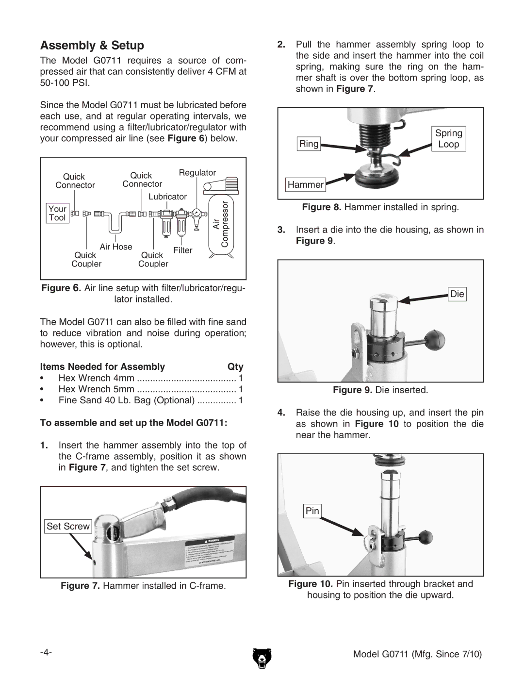 Grizzly instruction sheet Assembly & Setup, Items Needed for Assembly Qty, To assemble and set up the Model G0711 