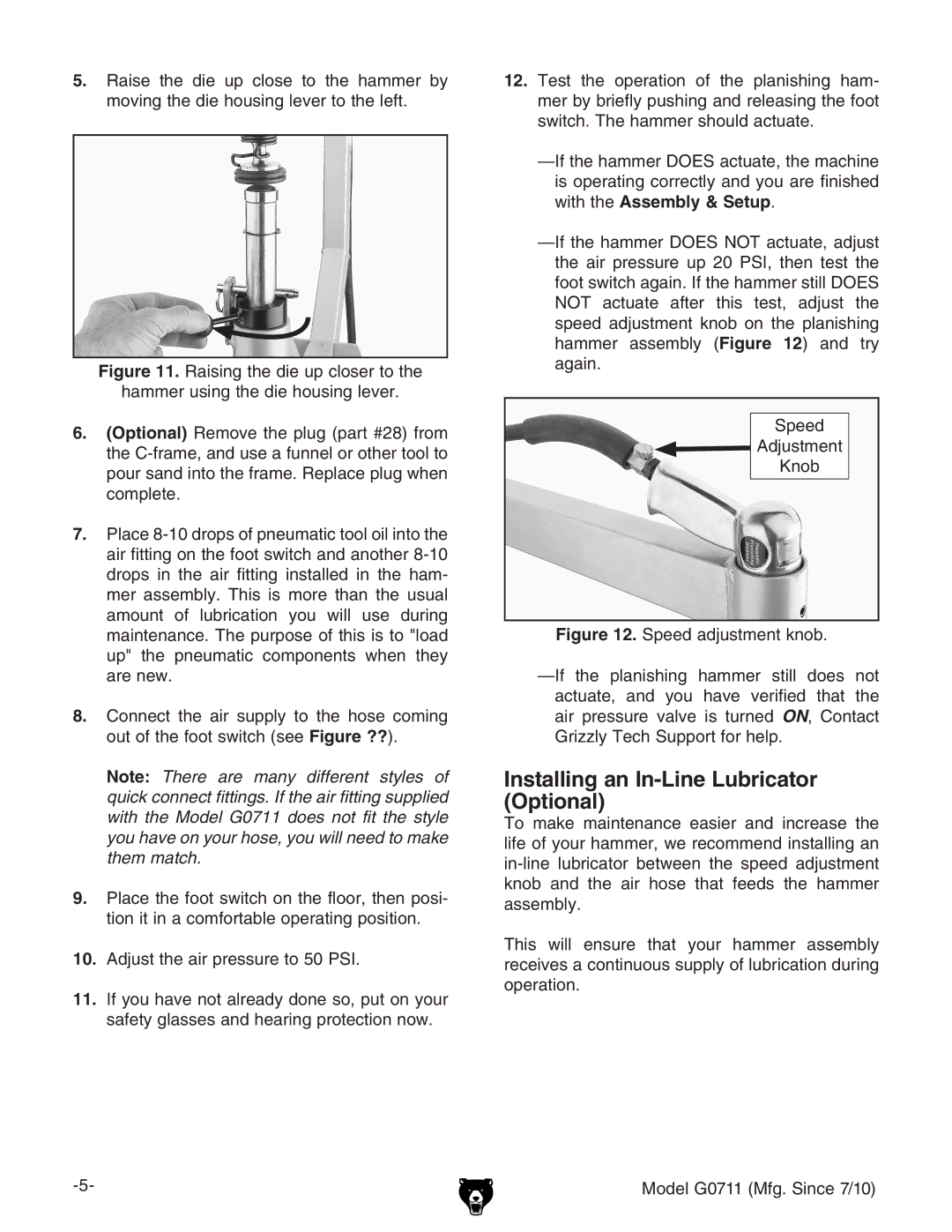 Grizzly G0711 instruction sheet Installing an In-Line Lubricator Optional 