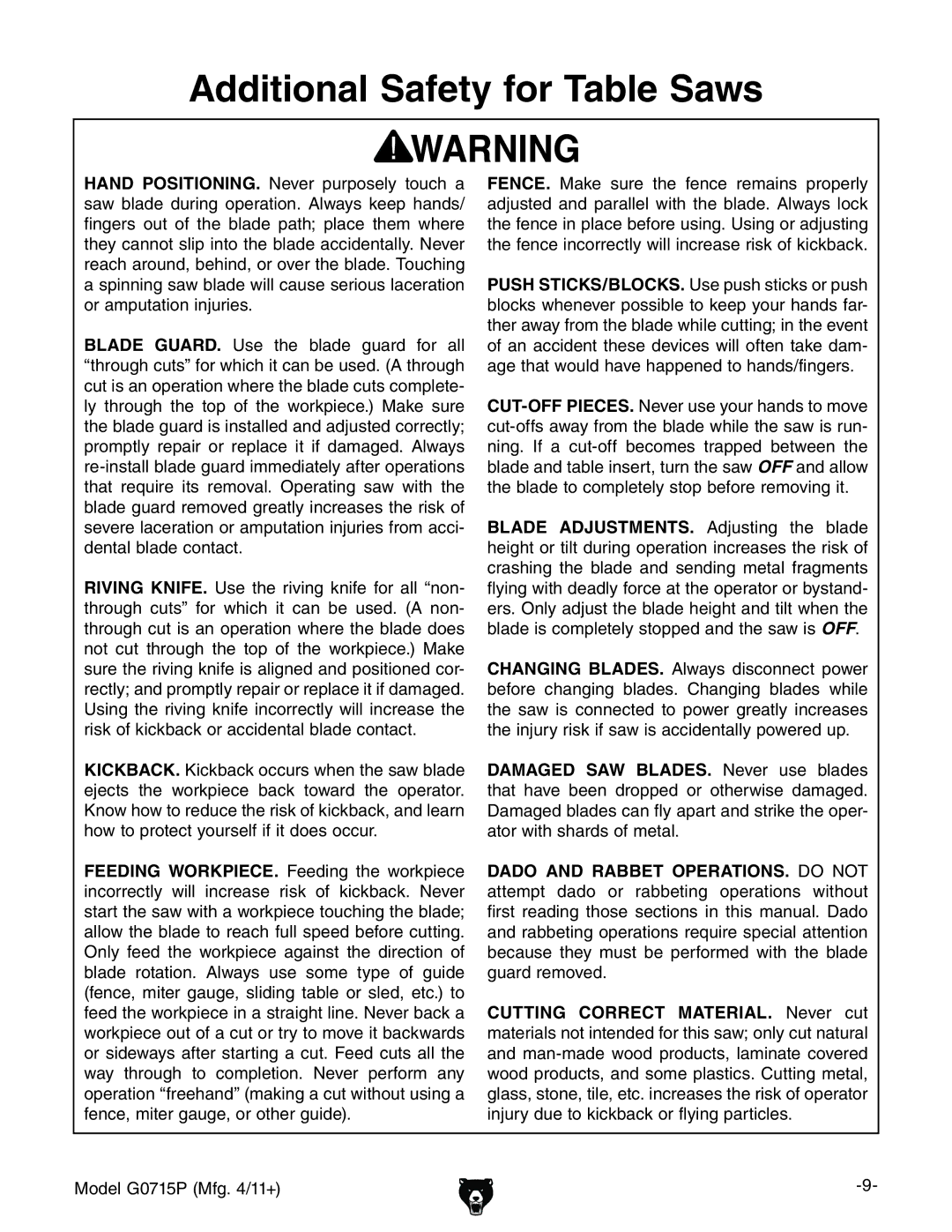 Grizzly G0715P owner manual Additional Safety for Table Saws, BdYZa%,&*EB\#$&&  