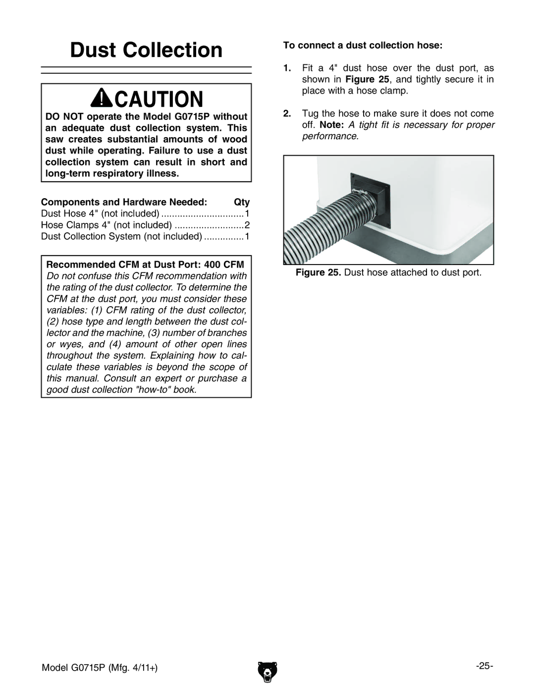 Grizzly G0715P owner manual Dust Collection, Recommended CFM at Dust Port 400 CFM, To connect a dust collection hose 