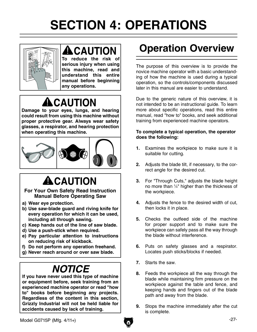 Grizzly G0715P Operations, Operation Overview,  HiVgihiZhVl#,  HidehiZbVXcZbbZYViZanViZgiZXji hXdbeaZiZ# 