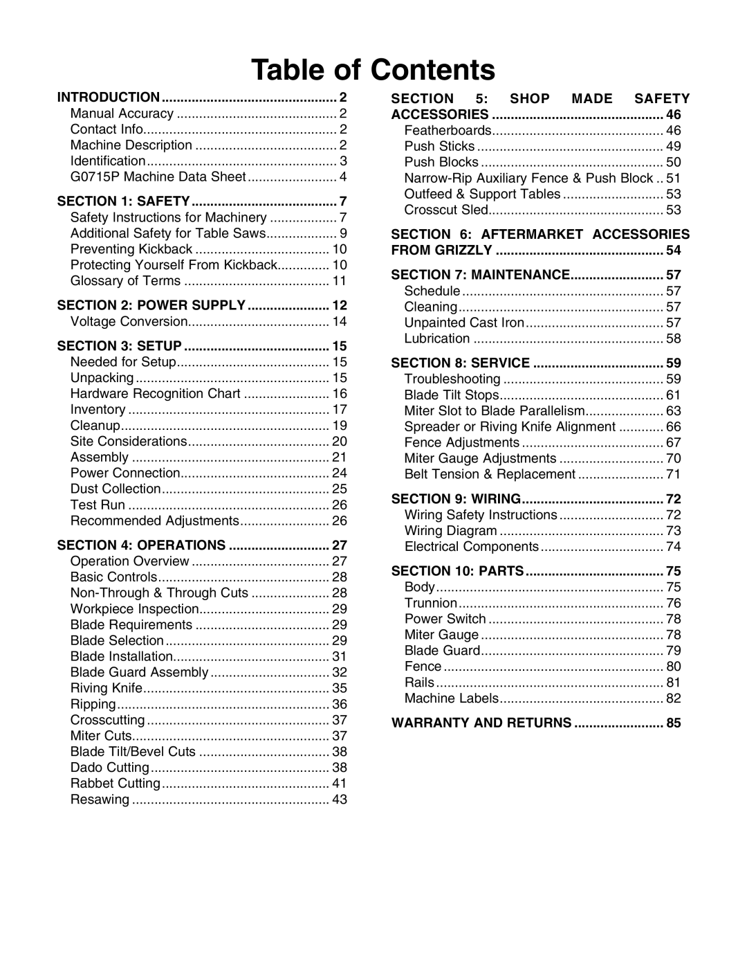 Grizzly G0715P owner manual Table of Contents 