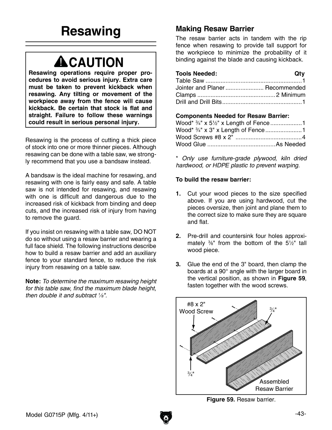 Grizzly G0715P owner manual Resawing, Making Resaw Barrier, Tools NeededQty, Components Needed for Resaw Barrier 