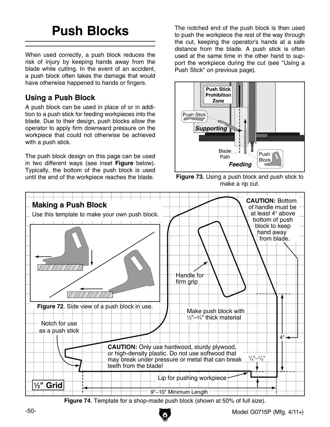 Grizzly G0715P owner manual Push Blocks, Using a Push Block, Making a Push Block 