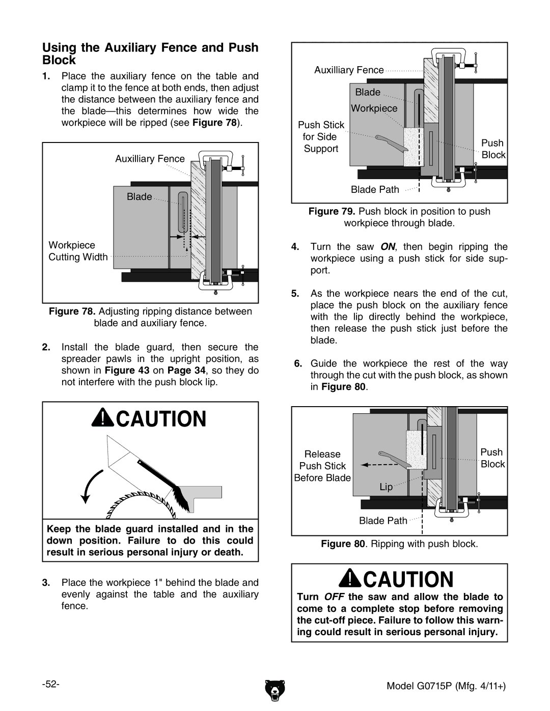 Grizzly G0715P owner manual Using the Auxiliary Fence and Push Block,  # 