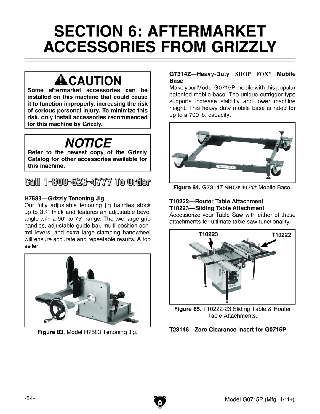 Grizzly G0715P owner manual Aftermarket Accessories from Grizzly, T10222-Router Table Attachment, T10223T10222 