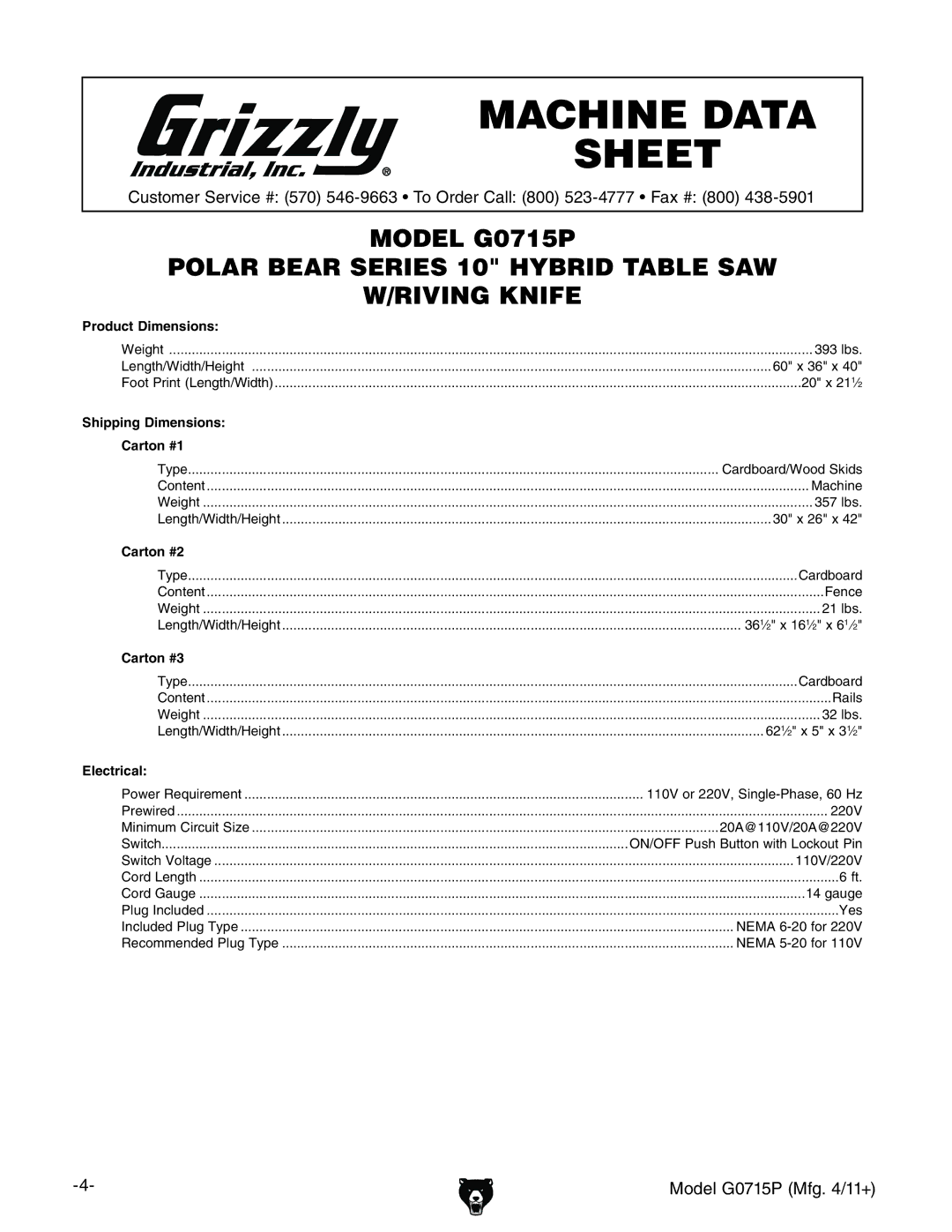 Grizzly G0715P owner manual Machine Data Sheet 