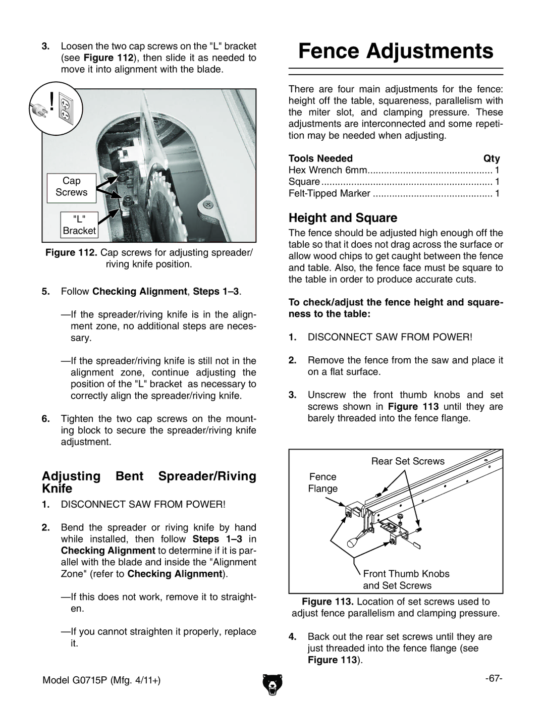 Grizzly G0715P owner manual Fence Adjustments, Adjusting Bent Spreader/Riving Knife, Height and Square 