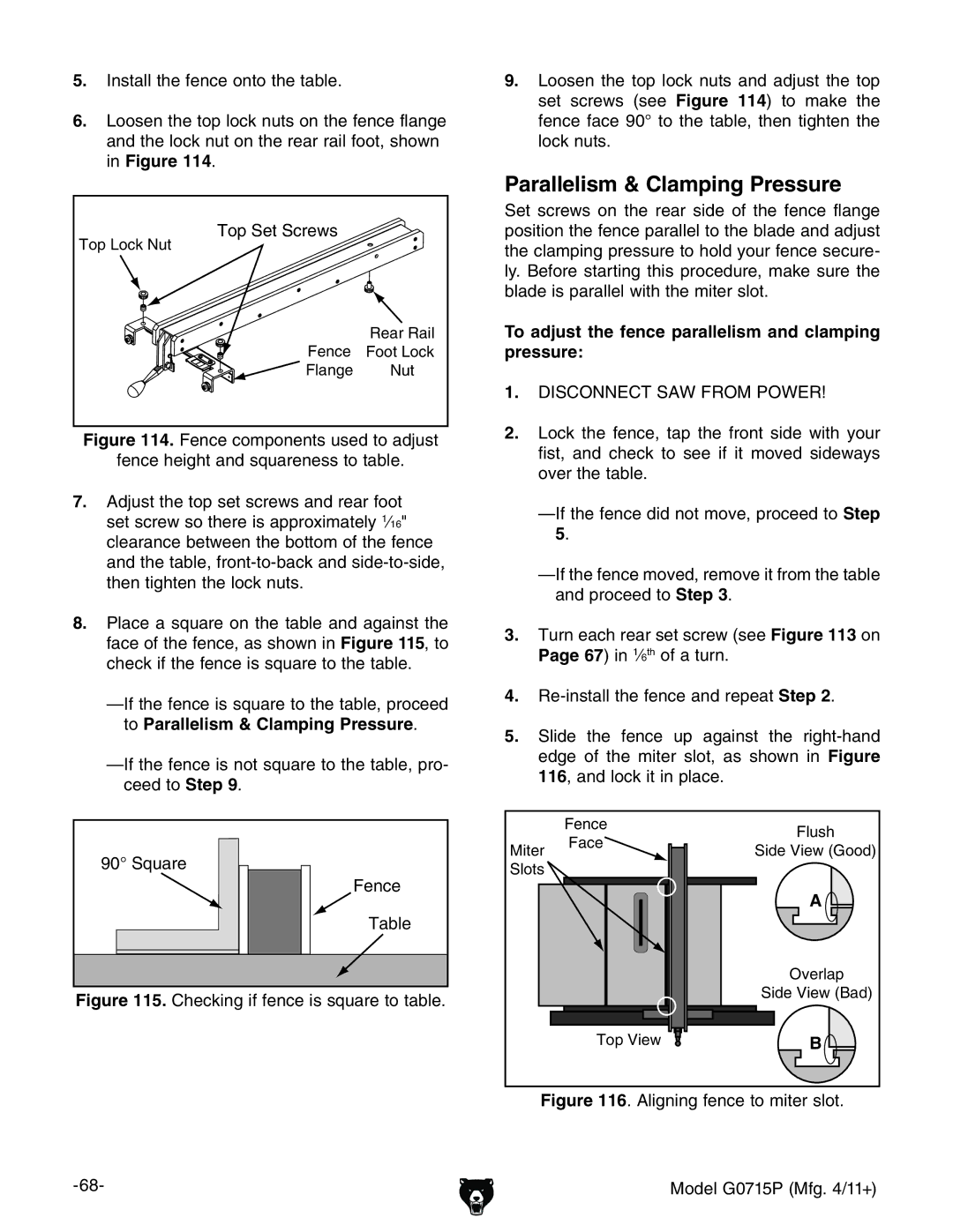 Grizzly G0715P owner manual Parallelism & Clamping Pressure, To adjust the fence parallelism and clamping 