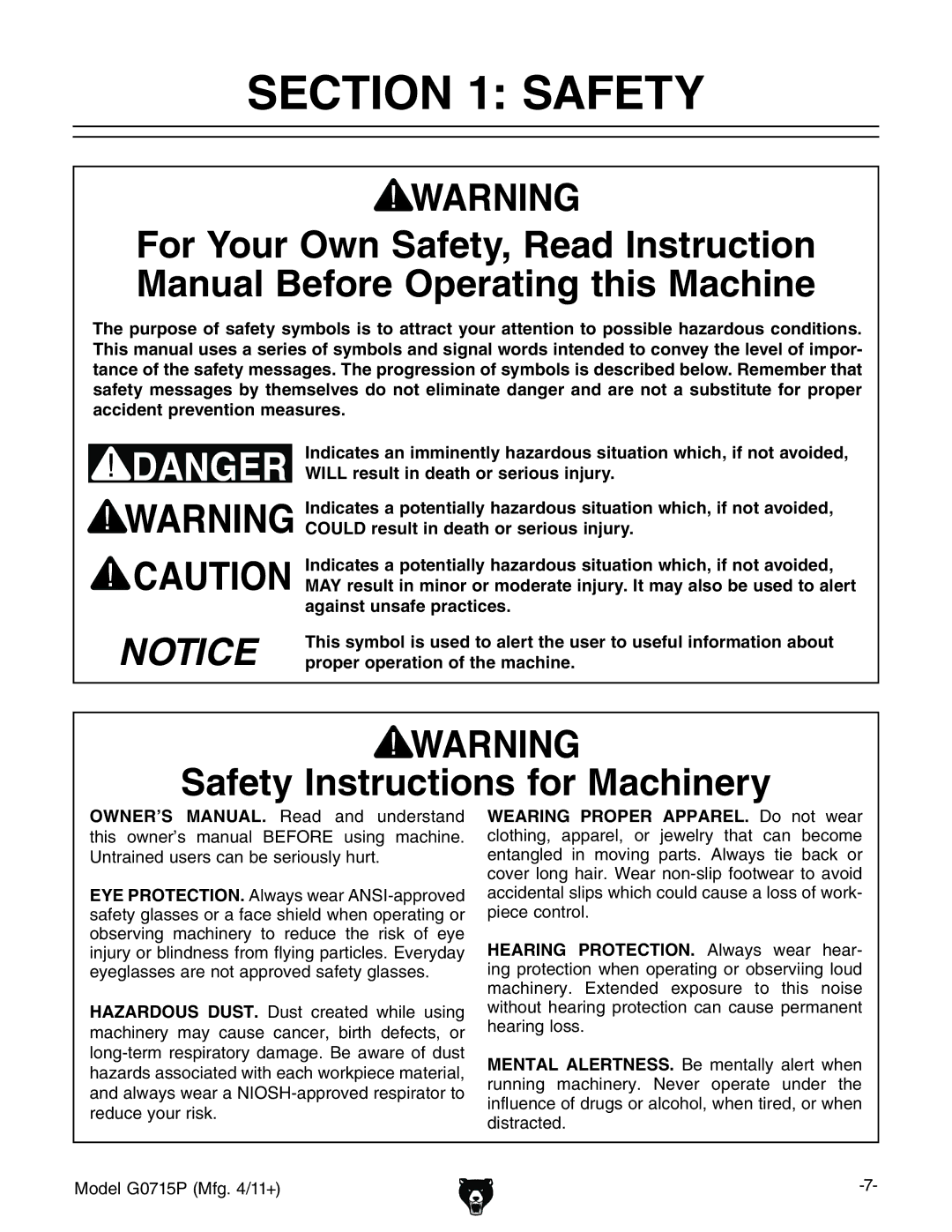 Grizzly G0715P owner manual Safety Instructions for Machinery, DWhZgkc\ bVXcZgn id gZYjXZ iZ gh` d ZnZ 