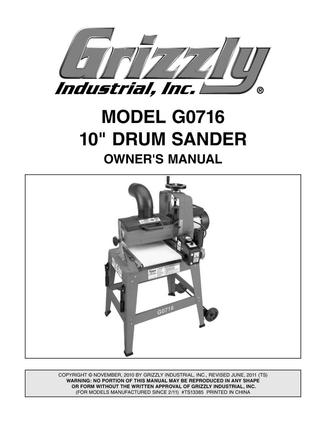 Grizzly owner manual Model G0716 Drum Sander 