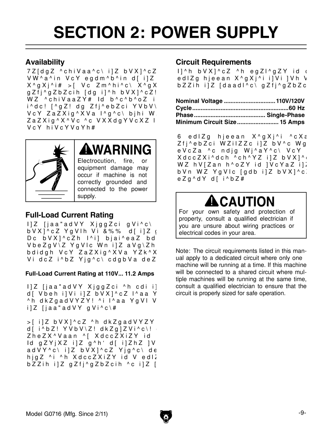 Grizzly G0716 owner manual Power Supply, Availability, Full-Load Current Rating, Circuit Requirements 