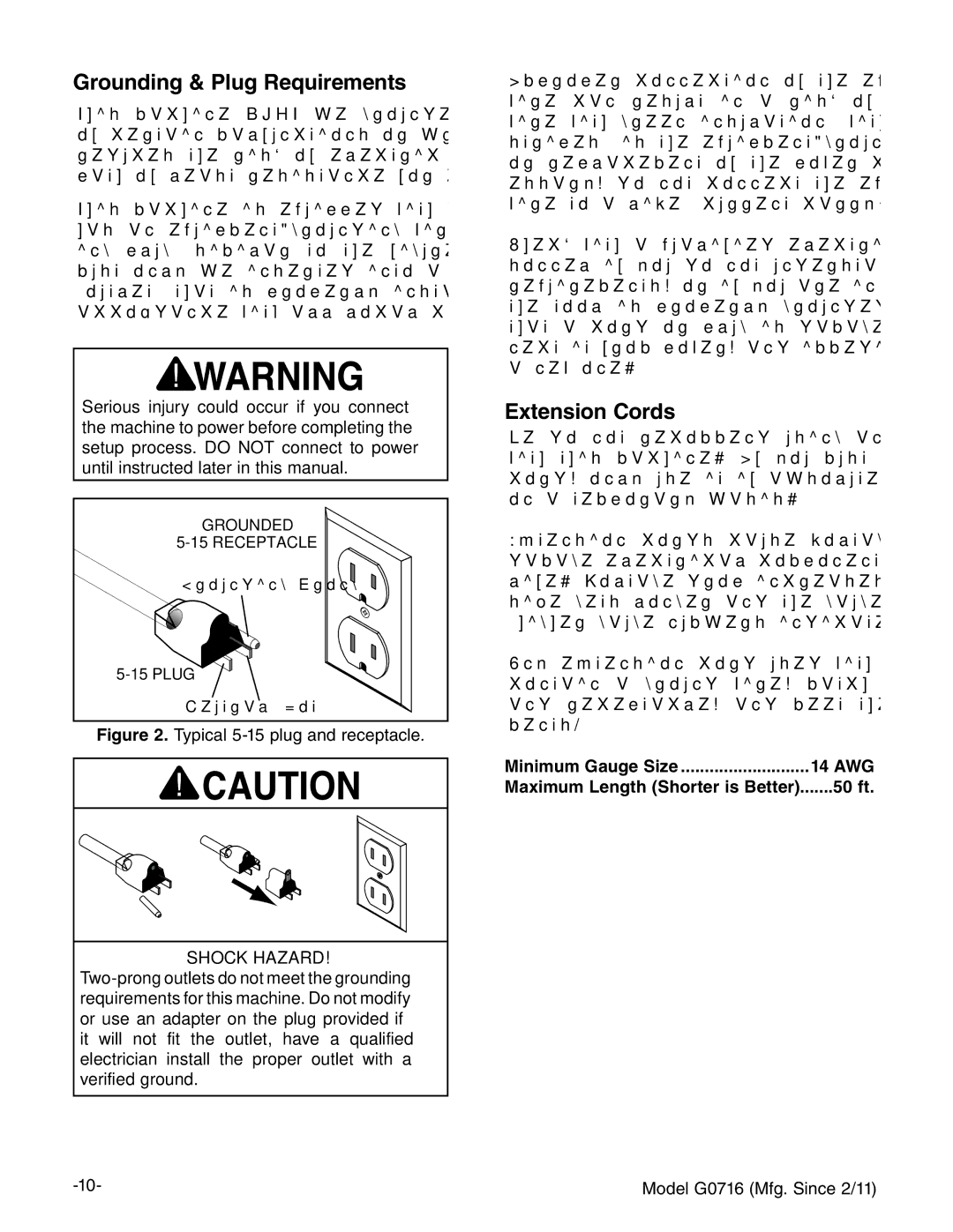 Grizzly G0716 owner manual Grounding & Plug Requirements, Extension Cords, Minimum Gauge Size 14 AWG, 50 ft 