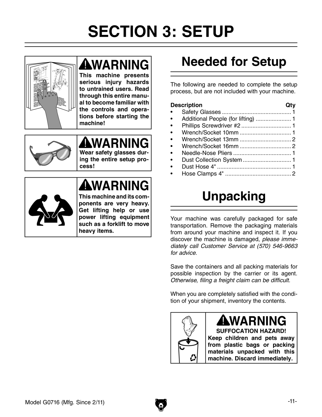 Grizzly G0716 owner manual Needed for Setup, Unpacking, Description Qty 