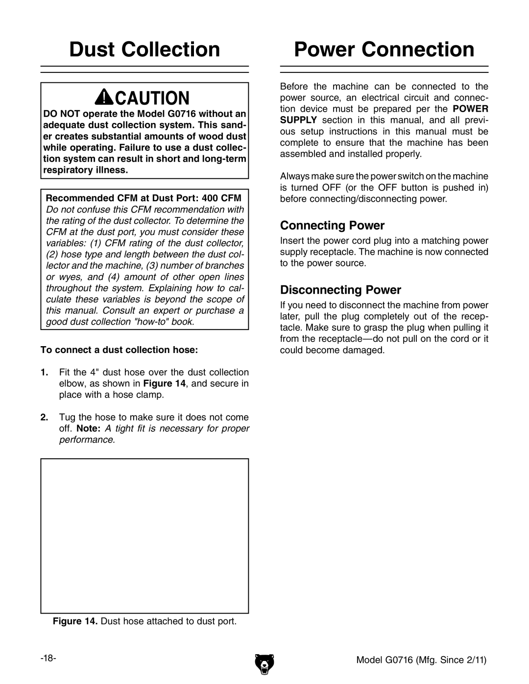 Grizzly G0716 Dust Collection Power Connection, Connecting Power, Disconnecting Power, To connect a dust collection hose 