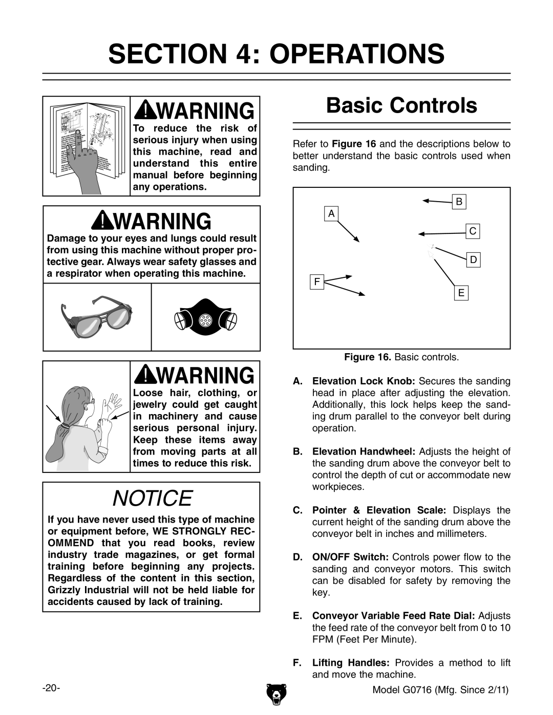 Grizzly G0716 owner manual Operations, Basic Controls 