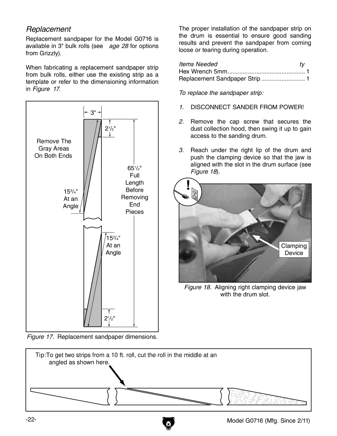 Grizzly G0716 owner manual Replacement, Remove Gray Areas On Both Ends, Items Needed Qty, To replace the sandpaper strip 