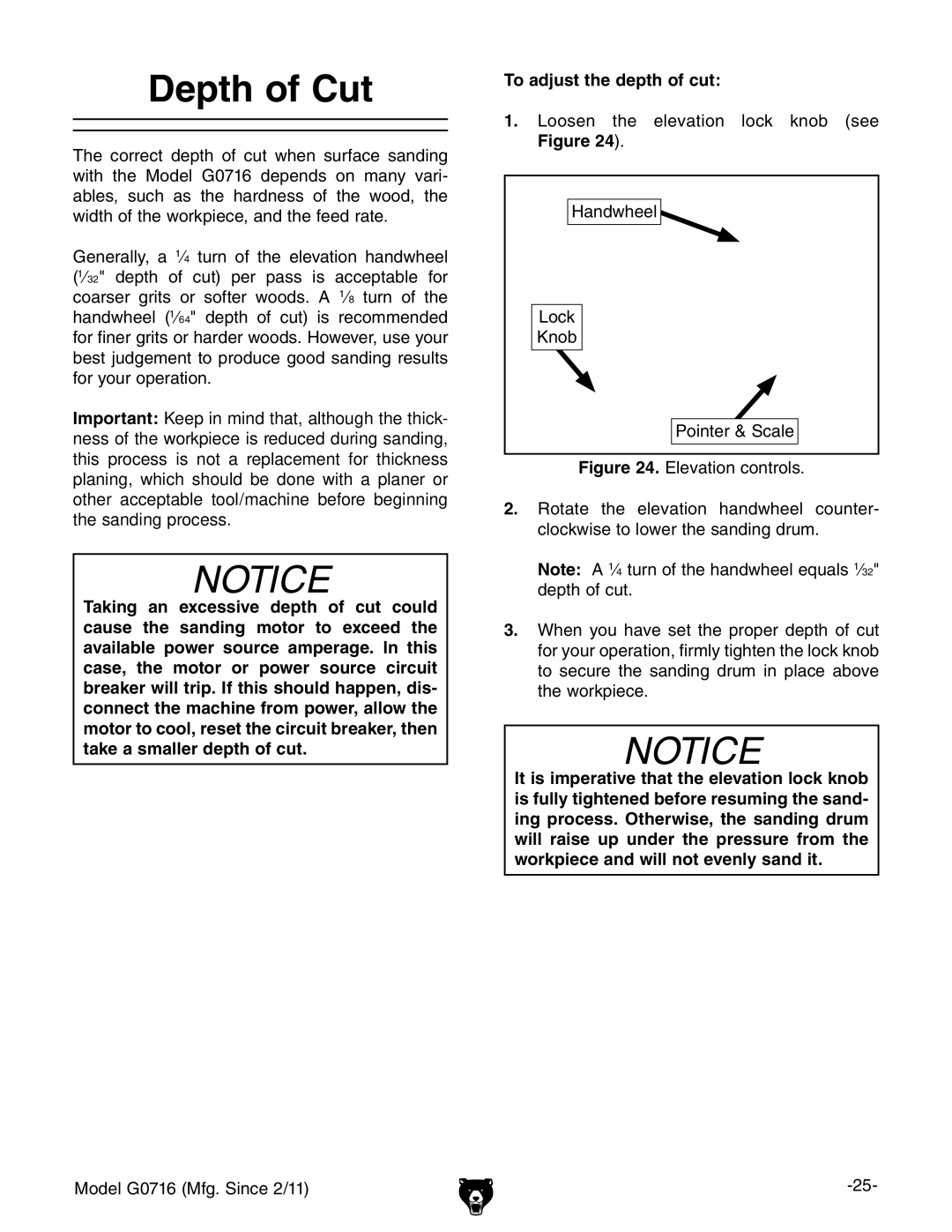 Grizzly G0716 owner manual Depth of Cut, To adjust the depth of cut 